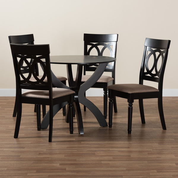 Baxton Studio Baxton Studio Velia 5-Piece Modern Dining Set with Sand Fabric Chairs and Elegant Round Table Design Velia-Sand/Dark Brown-5PC Dining Set