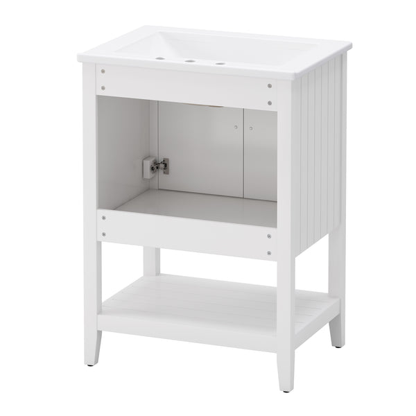 English Elm 24" Morandi White Bathroom Vanity with Ceramic Sink, Solid Wood Frame & Open Shelf, Modern Elegance N725P189823K