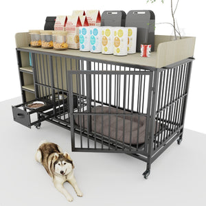 English Elm Large Iron Mdf Pet Enclosure with Storage Cabinet Rolling Casters and Steel Feeding Basins W3064P245384