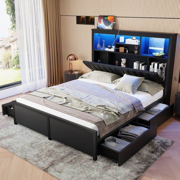 English Elm Queen Storage Bed Frame with Led Lighting Charging Station and Four Under Drawers W1670S00030
