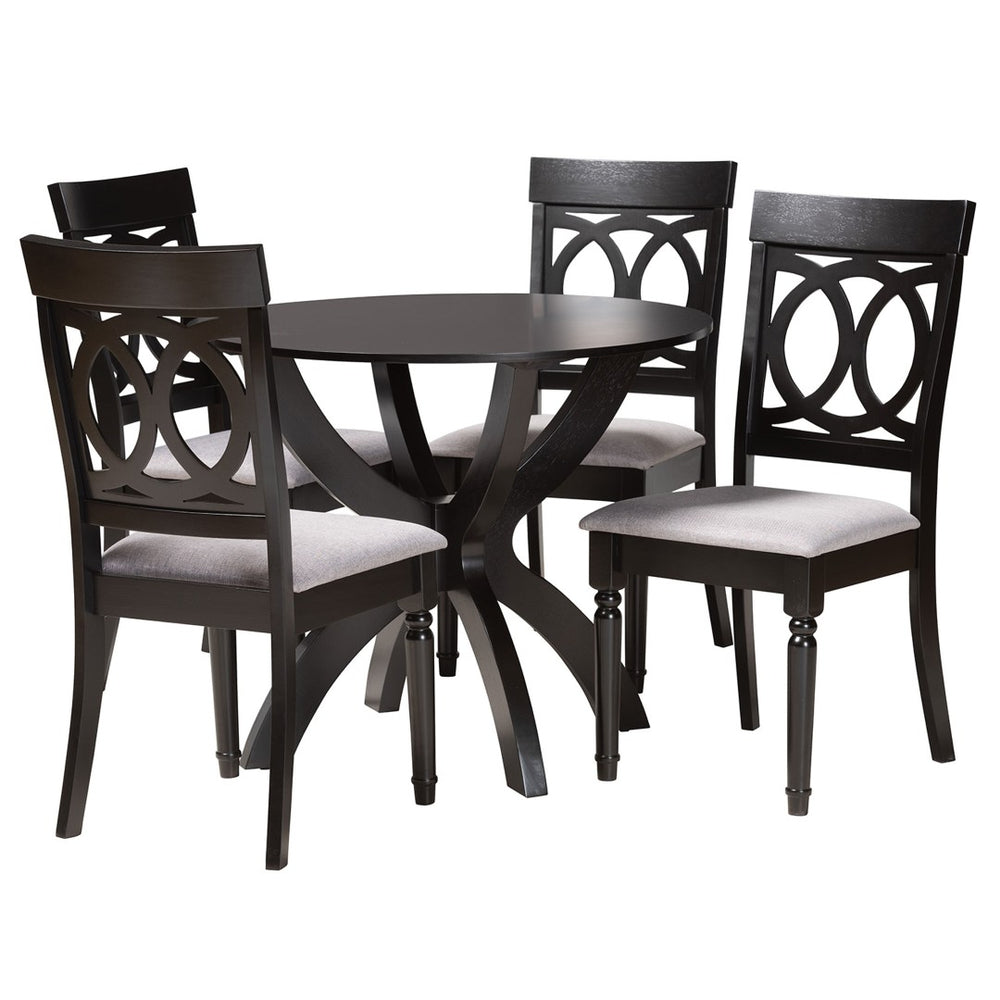 Baxton Studio Baxton Studio Velia 5-Piece Dining Set: Modern Grey Fabric Chairs & Dark Brown Round Table Decor Velia-Grey/Dark Brown-5PC Dining Set