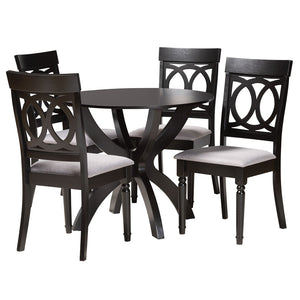 Baxton Studio Baxton Studio Velia 5-Piece Dining Set: Modern Grey Fabric Chairs & Dark Brown Round Table Decor Velia-Grey/Dark Brown-5PC Dining Set