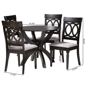 Baxton Studio Baxton Studio Velia 5-Piece Dining Set: Modern Grey Fabric Chairs & Dark Brown Round Table Decor Velia-Grey/Dark Brown-5PC Dining Set