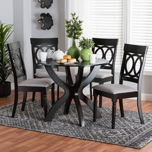 Baxton Studio Baxton Studio Velia 5-Piece Dining Set: Modern Grey Fabric Chairs & Dark Brown Round Table Decor Velia-Grey/Dark Brown-5PC Dining Set