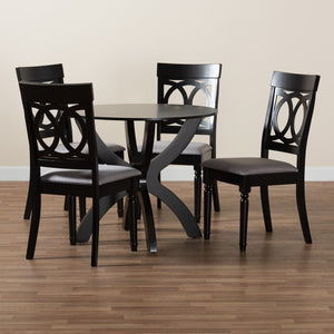 Baxton Studio Baxton Studio Velia 5-Piece Dining Set: Modern Grey Fabric Chairs & Dark Brown Round Table Decor Velia-Grey/Dark Brown-5PC Dining Set