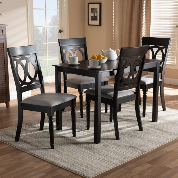 Baxton Studio Baxton Lucie 5-Piece Modern Grey Upholstered Dining Set with Espresso Brown Finish for Elegant Spaces RH333C-Grey/Dark Brown-5PC Dining Set