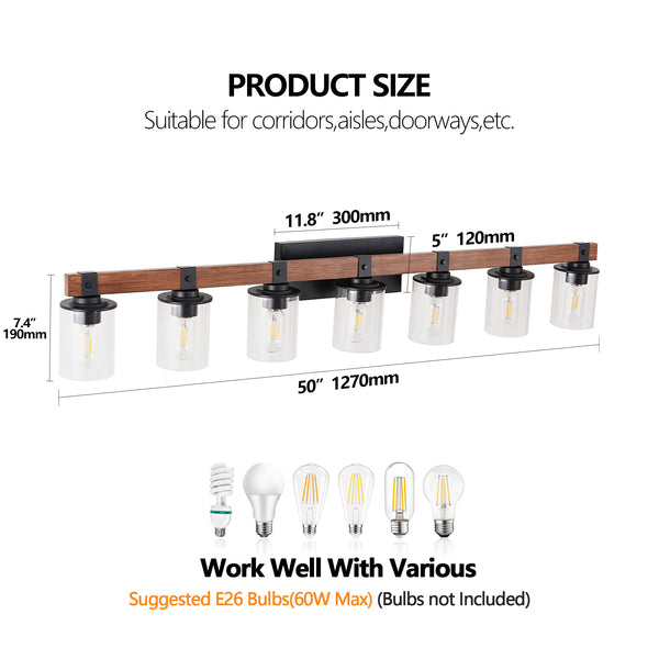 English Elm 50" Rustic 7-Light Vanity Light — Industrial Farmhouse Wall Sconce with Wood Accent, Black Iron & Glass Shades W1340P282705