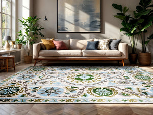 Louis De Poortere Antiquarian Suzani - Timeless Elegance In Vibrant Colors Inspired By Central Asian Embroidery Design Crème,Green,Blue 100% Pet Poly (40% Rpet) 118647-louis-de-poortere