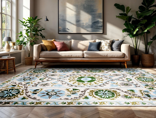 Louis De Poortere Antiquarian Suzani - Timeless Elegance In Vibrant Colors Inspired By Central Asian Embroidery Design Crème,Green,Blue 100% Pet Poly (40% Rpet) 118647-louis-de-poortere