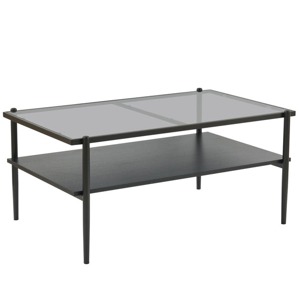 English Elm Rectangle Coffee Table With Sleek Gray Glass Top & Sturdy Black Metal Legs - Modern Living Room Style W241139565-GIGA