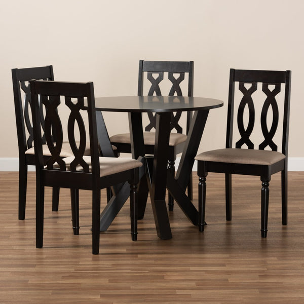 Baxton Studio Baxton Studio Anise 5-Piece Dining Set: Modern Round Table & Upholstered Chairs for Stylish Dining Anise-Sand/Dark Brown-5PC Dining Set