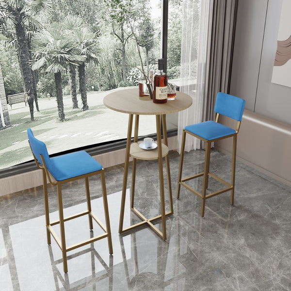 English Elm Bar Table and Chair Set Gold Frame Blue Velvet Cushions with Built-in Storage Shelf W3064P245389