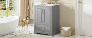 English Elm 24"bathroom Vanity Freestanding Gray Mdf Ceramic Sink Soft Close Storage Cabinet N729P321378E