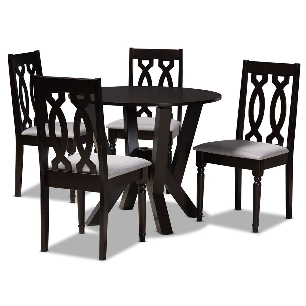 Baxton Studio Baxton Anise 5-Piece Modern Dining Set - Grey Upholstered Chairs & Round Dark Brown Table Design Anise-Grey/Dark Brown-5PC Dining Set