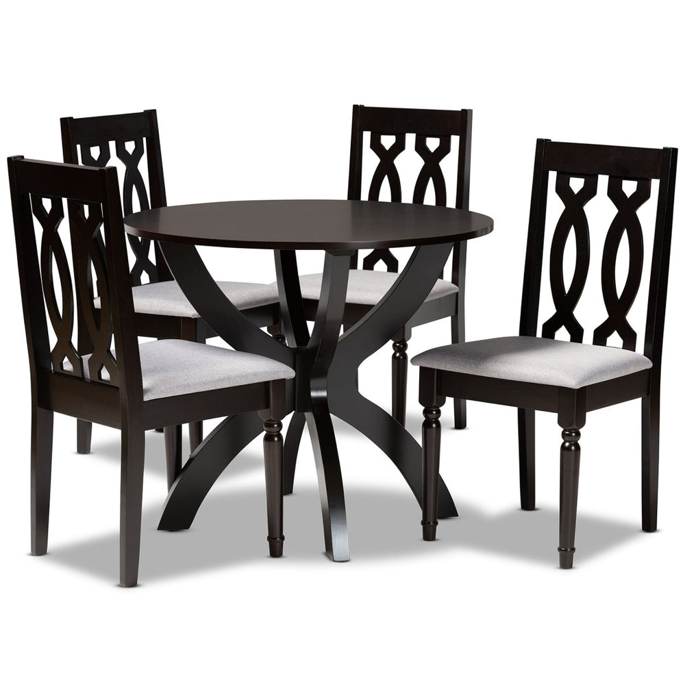 Baxton Studio Baxton Modern 5-Piece Dining Set - Grey Fabric Upholstered Chairs & Dark Brown Circular Table Mona-Grey/Dark Brown-5PC Dining Set