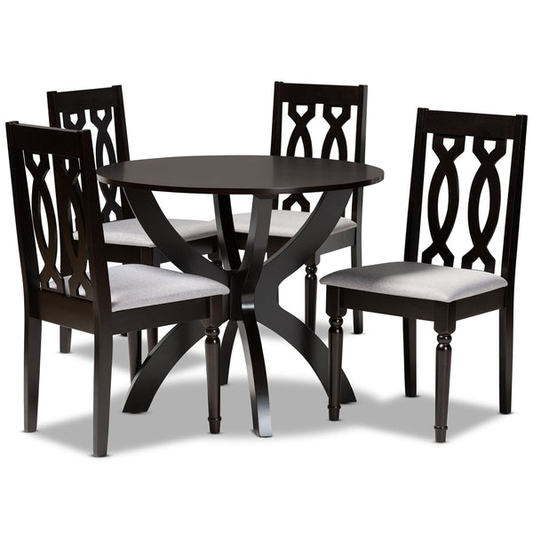 Baxton Studio Baxton Modern 5-Piece Dining Set - Grey Fabric Upholstered Chairs & Dark Brown Circular Table Mona-Grey/Dark Brown-5PC Dining Set
