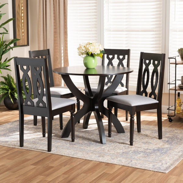 Baxton Studio Baxton Modern 5-Piece Dining Set - Grey Fabric Upholstered Chairs & Dark Brown Circular Table Mona-Grey/Dark Brown-5PC Dining Set