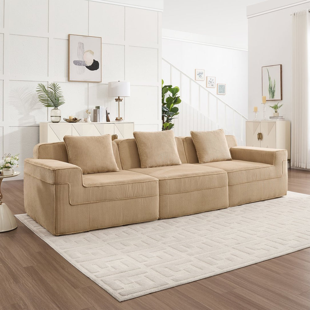 English Elm Modular 3-Seat Boneless Sofa - Cloud-Like Comfort In Soft Camel Corduroy With Throw Pillows & Style W3041S00317