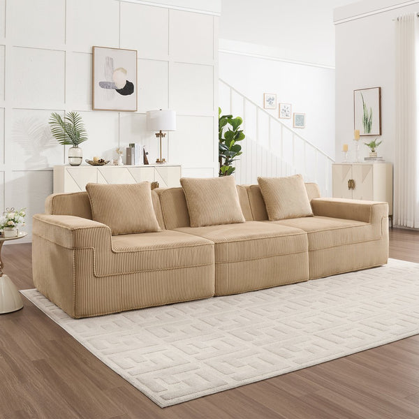 English Elm Modular 3-Seat Boneless Sofa - Cloud-Like Comfort In Soft Camel Corduroy With Throw Pillows & Style W3041S00317