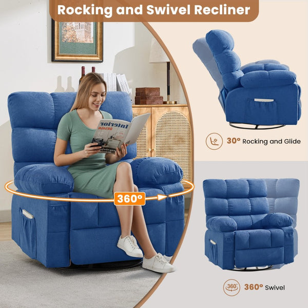 English Elm Swivel Rocker Recliner Ergonomic Glider Chair with Storage Pockets for Small Spaces Blue W1521P479284