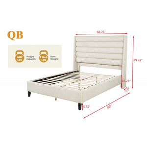English Elm Upholstered Queen Platform Bed with Rolled Channel Tufted Headboard, Beige Polyester, No Box Spring Needed B011S01963