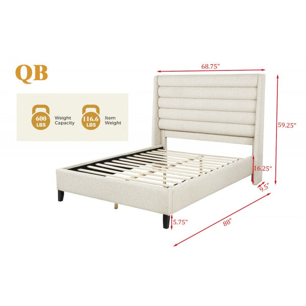 English Elm Upholstered Queen Platform Bed with Rolled Channel Tufted Headboard, Beige Polyester, No Box Spring Needed B011S01963