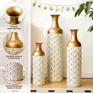 English Elm Decorative White Gold Metal Floor Vase Trio Art Deco Fan Motif Living Room Accent W2796P386874