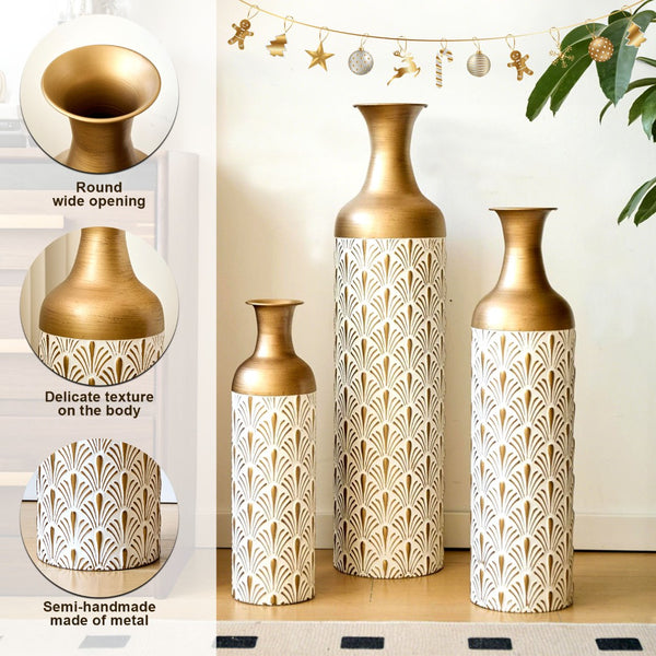 English Elm Decorative White Gold Metal Floor Vase Trio Art Deco Fan Motif Living Room Accent W2796P386874