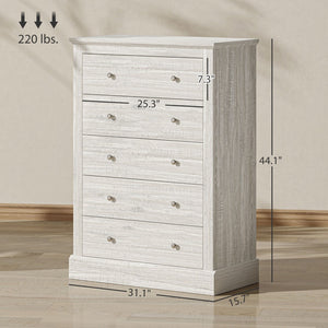 English Elm Wide Five Drawer Farmhouse Chest Distressed Oak Finish Bedroom Entryway Storage T3971P431324