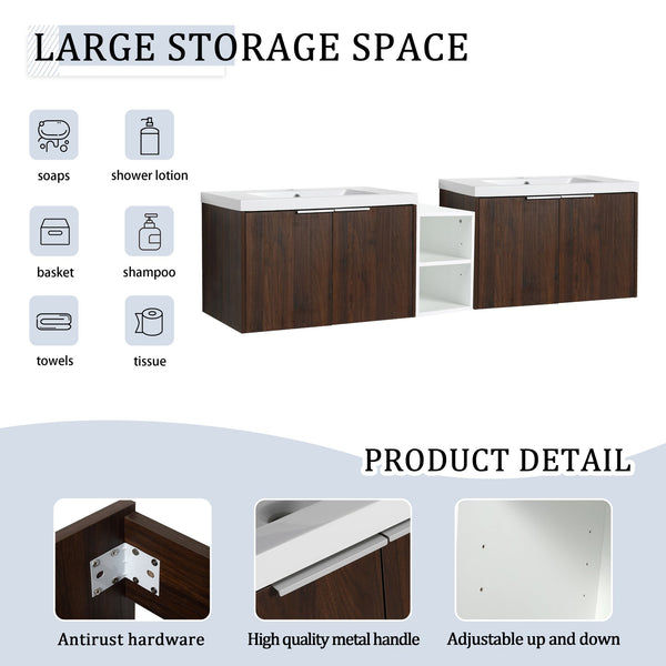 English Elm 72 Inch Wall Mounted Vanity with Resin Sink, Soft-Close Doors, Ample Storage Shelves, Durable Eco Plywood Finish California Walnut W999S00189