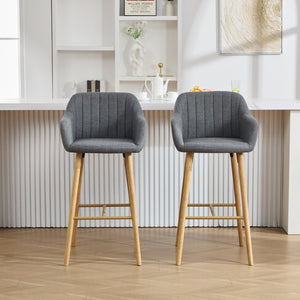 English Elm Modern Linen Upholstered Barstools with Oak Legs Armrests and Footrest for Kitchen Islands Gray W395P396316