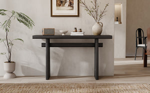 English Elm Mirod Wood Veneer Geometric Console Table Sculptural Sled Base for Entryway Hallway N760P321811B