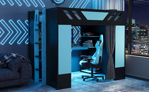English Elm Full Size Loft Bed with Desk Blackout Curtains Rgb Lighting and Integrated Storage Black+Blue LT000377AAC