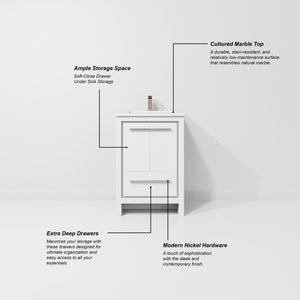 English Elm White 24 in. Bath Vanity with Cultured Marble Top, Soft-Close Drawer, Storage Cabinet & Mirror B2731S01478