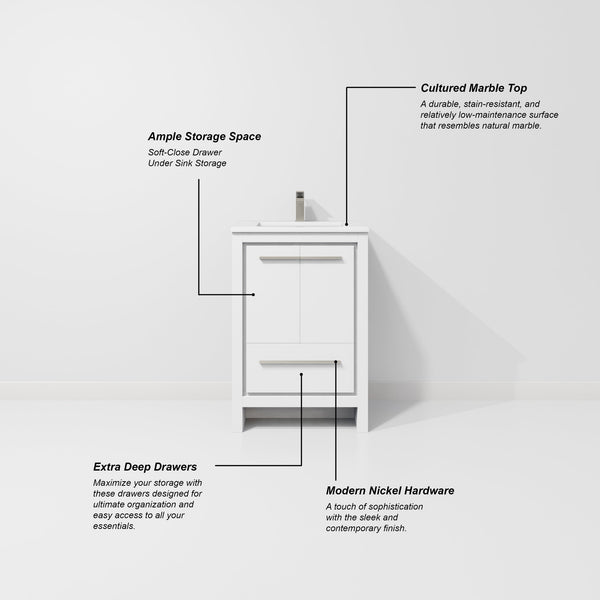 English Elm White 24 in. Bath Vanity with Cultured Marble Top, Soft-Close Drawer, Storage Cabinet & Mirror B2731S01478