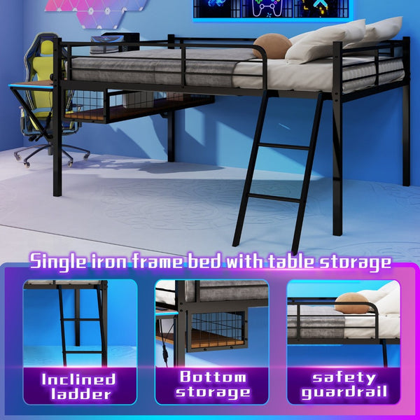 English Elm Full Size Steel Loft Bed with Integrated Desk Led Lighting and Under Bed Storage Black W1935P463339