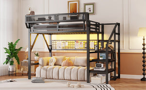 English Elm Full Metal Loft Bed with Stairs Wardrobe Rgb Lighting and Storage for Teens W2580S00066