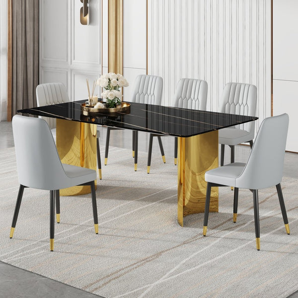 English Elm Table With Glass Top & Faux Marble, 6 Light Gray Chairs With Pu Cushions, Gold & Black Legs Set W1151S04334-GIGA