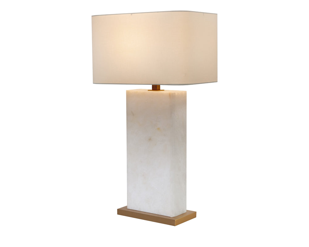 Sunpan Rovira Table Lamp - Hand-Carved Alabaster Elegance with Brushed Gold Base & Soft Linen Shade Glow