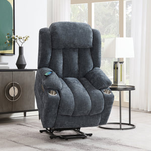 English Elm Blue Power Lift Recliner Chenille with Heat, Massage & Lift Assist — Remote Control, Plush Comfort B062P215447