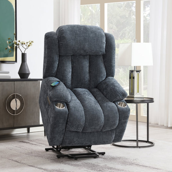 English Elm Blue Power Lift Recliner Chenille with Heat, Massage & Lift Assist — Remote Control, Plush Comfort B062P215447