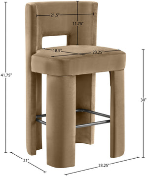 Meridian Furniture Zuno Velvet Upholstered Barstool with Sculptural Solid Wood Frame for Kitchen Island Seating Beige 973Beige-C