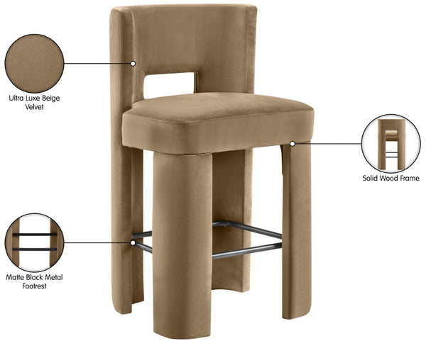 Meridian Furniture Zuno Velvet Upholstered Barstool with Sculptural Solid Wood Frame for Kitchen Island Seating Beige 973Beige-C