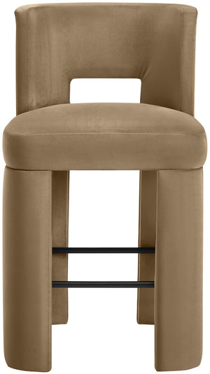 Meridian Furniture Zuno Velvet Upholstered Barstool with Sculptural Solid Wood Frame for Kitchen Island Seating Beige 973Beige-C