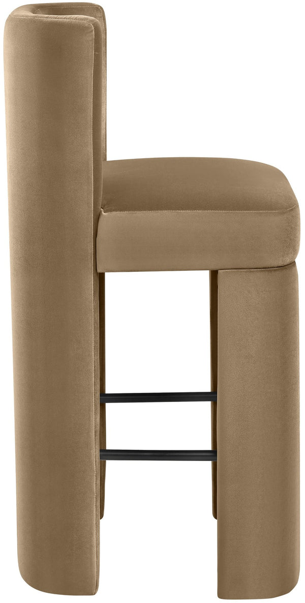 Meridian Furniture Zuno Velvet Upholstered Barstool with Sculptural Solid Wood Frame for Kitchen Island Seating Beige 973Beige-C