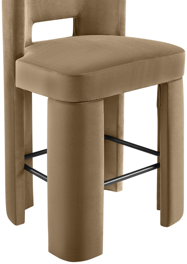 Meridian Furniture Zuno Velvet Upholstered Barstool with Sculptural Solid Wood Frame for Kitchen Island Seating Beige 973Beige-C