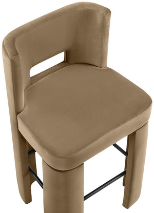 Meridian Furniture Zuno Velvet Upholstered Barstool with Sculptural Solid Wood Frame for Kitchen Island Seating Beige 973Beige-C