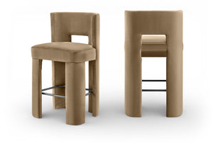 Meridian Furniture Zuno Velvet Upholstered Barstool with Sculptural Solid Wood Frame for Kitchen Island Seating Beige 973Beige-C