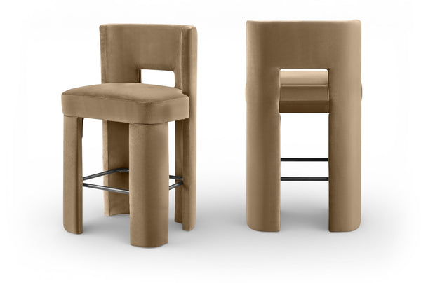 Meridian Furniture Zuno Velvet Upholstered Barstool with Sculptural Solid Wood Frame for Kitchen Island Seating Beige 973Beige-C