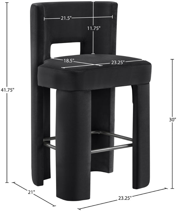 Meridian Furniture Zuno Velvet Upholstered Barstool with Sculptural Solid Wood Frame for Kitchen Island Seating Black 973Black-C